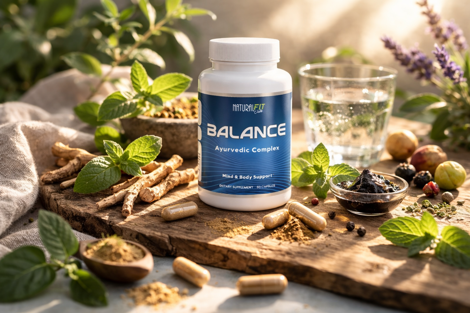 Balance with herbs on wooden board